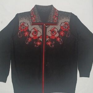 Chic Floral Black and Red Women's Zip-Up Sweater Lightweight